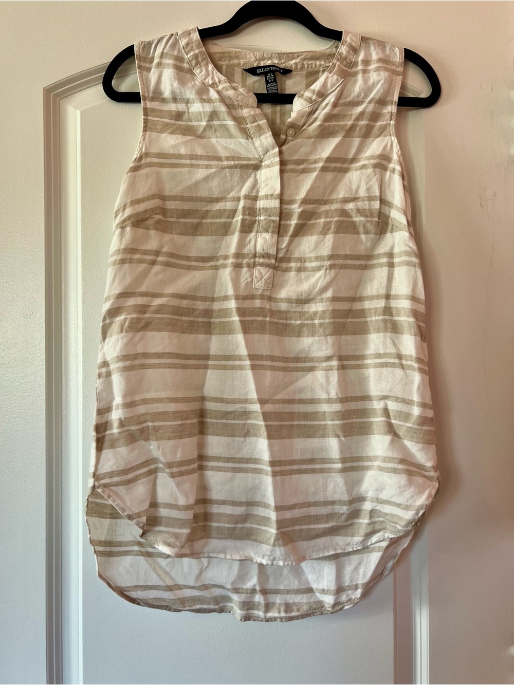 Ellen Tracy Sleeveless Striped Henley Camisole - Cream & Tan